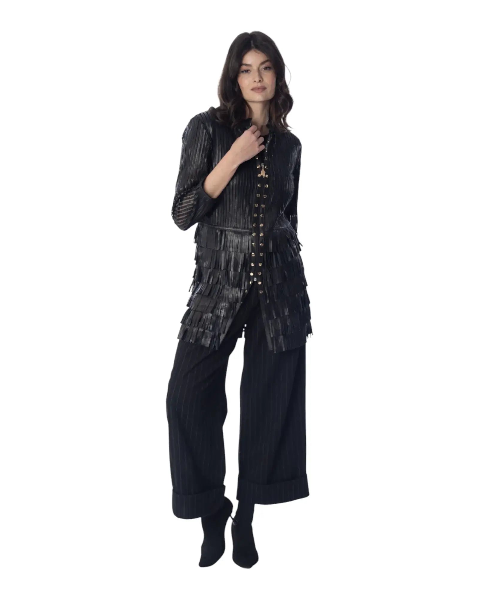 TRUDY giacca in pelle con frange e dettagli in tulle, modello elegante per un look audace.