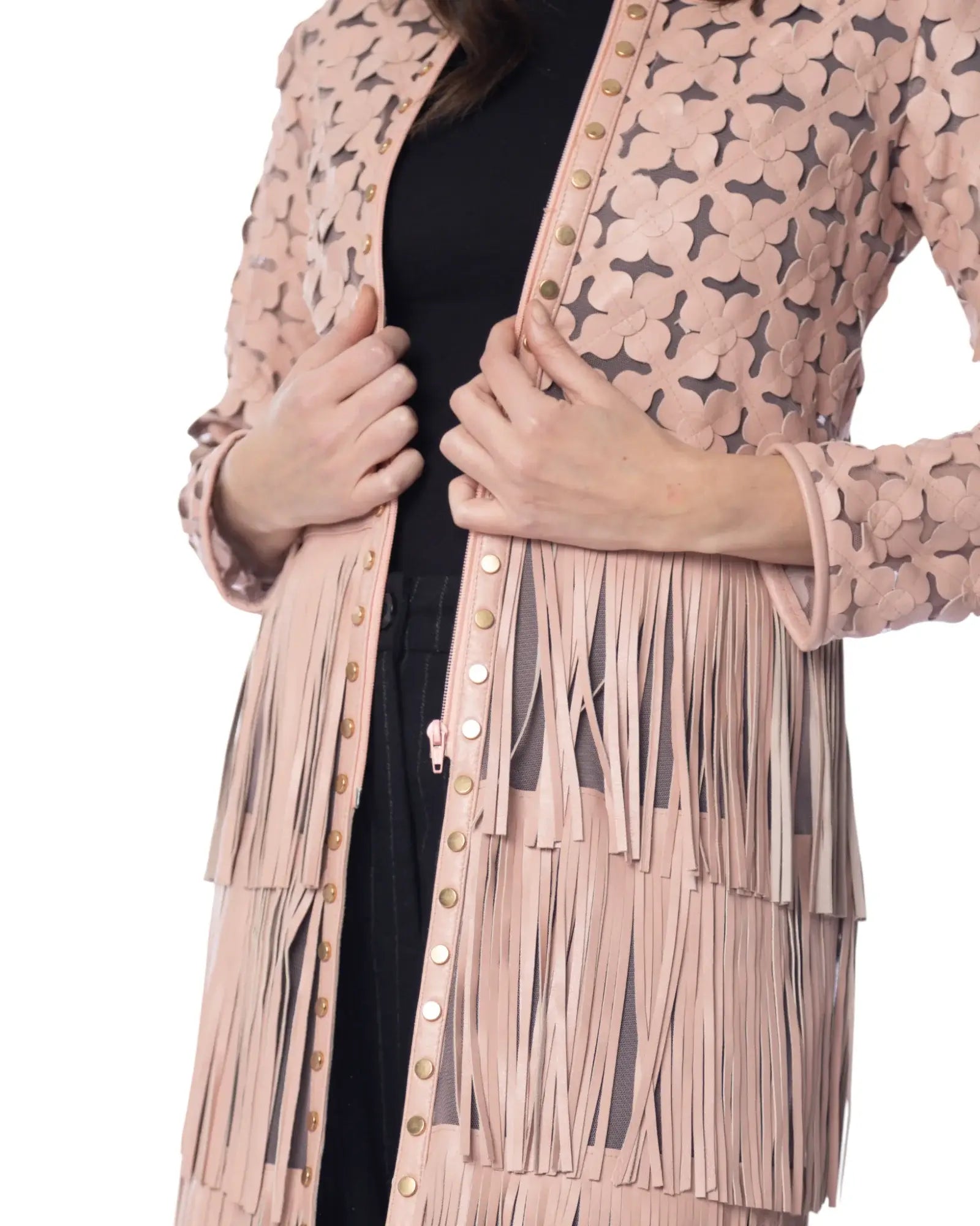 KATY giacca lunga in pelle con fiori e frange, moda elegante e raffinata.