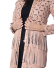 KATY giacca lunga in pelle con fiori e frange, moda elegante e raffinata.