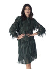 PENNY giacca in pelle leggera con frange, dettagli in borchie e tulle morbido, look dinamico e raffinato.