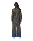 GINEVRA gilet lungo in vera pelle, vista posteriore, con foglie in pelle su tulle, design scenografico e portabile.